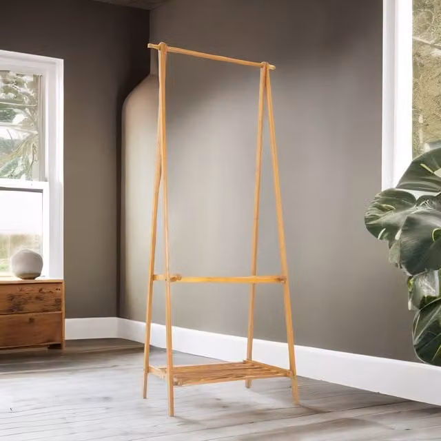 Rafaelo Mobilia Bamboo Natural Brown Open Clothes Rack with Shelf, W/D/H: 118 x 40 x 181 cm – 1