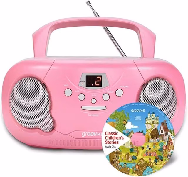 Groov-e Original Boombox Portable CD Player with Childrens Stories CD in Pink