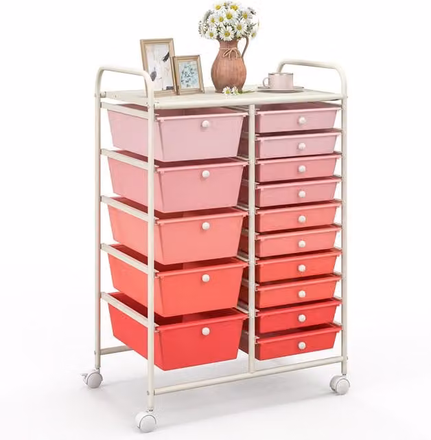 Costway 15 Drawer Mobile Storage Trolley in Red with Castors and Lock