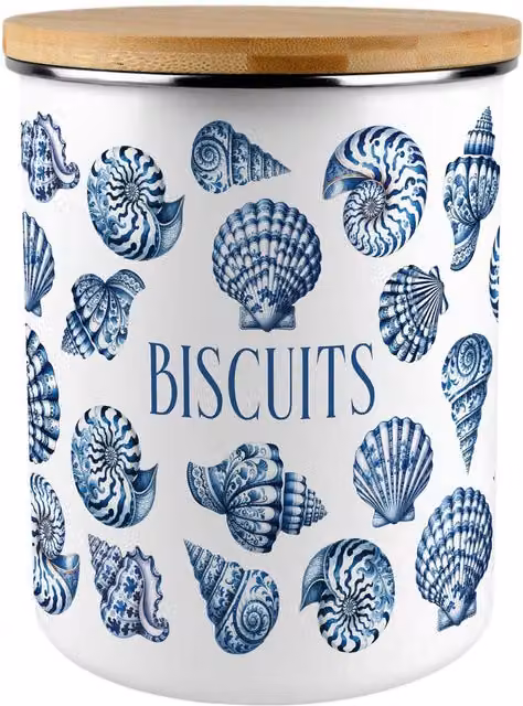 Purely Home Blue Seashells Extra Large Enamel Floral Biscuit Tin - Blue