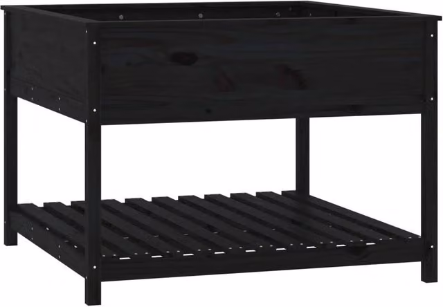 Berkfield Rustic Raised Wooden Planter with Shelf, Black Pine Wood, W/D/H: 111.5 x 111.5 x 81 cm