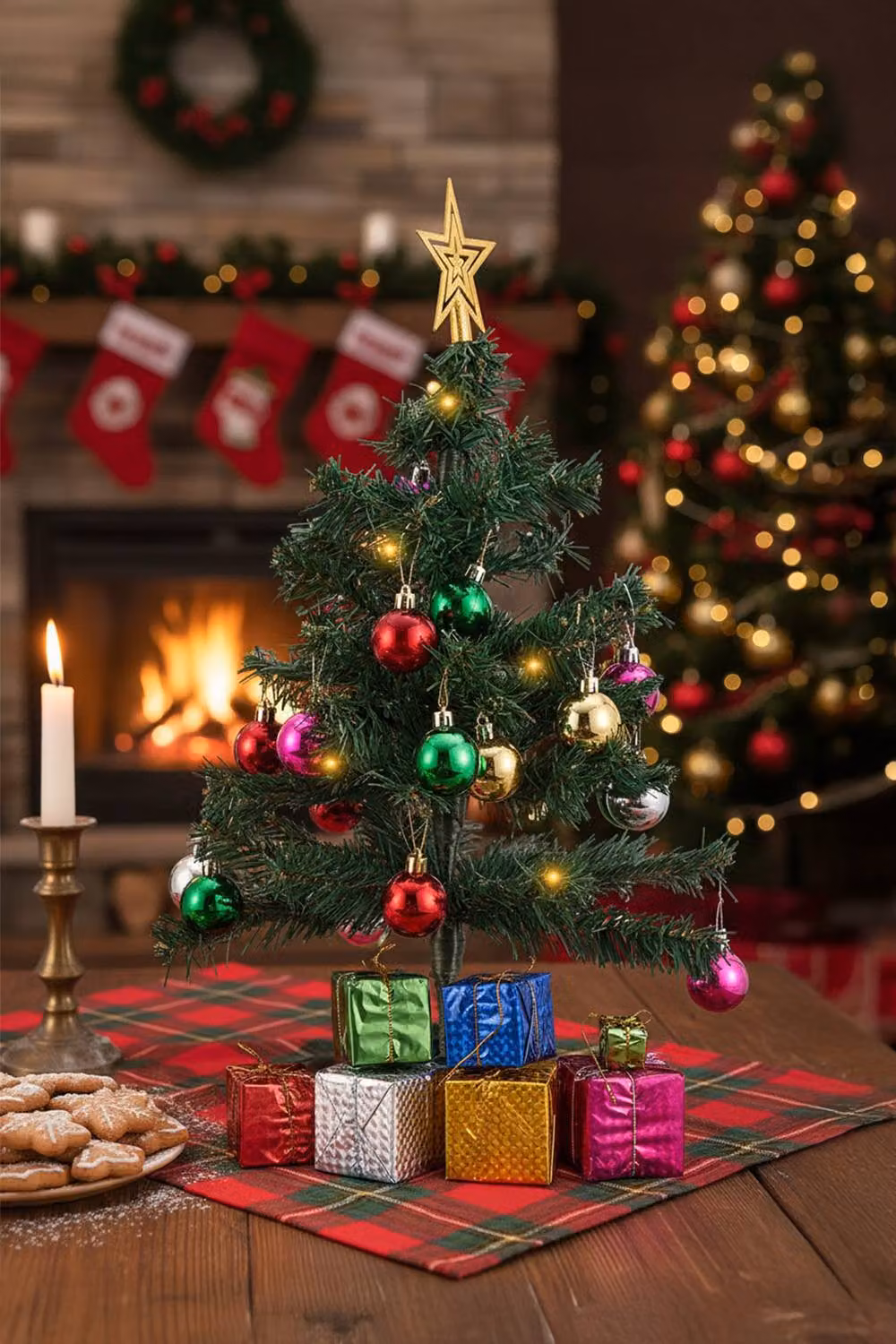 Living and Home 50cm Tabletop Christmas Tree with Lights, Star Top and Multicolour Gold Ball Matching Gift Boxes – 2