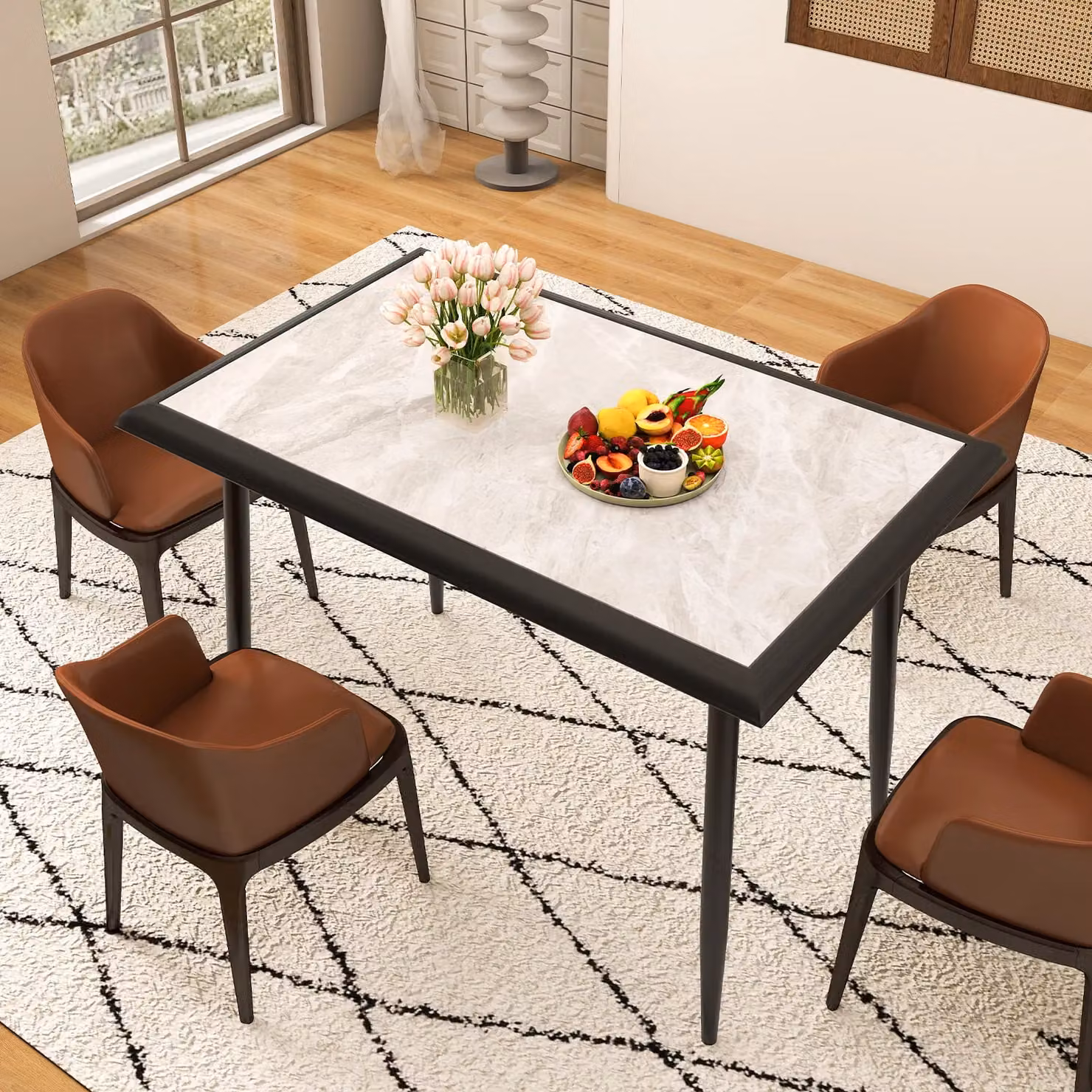 Gymax Modern Rectangular Sintered Stone Dining Table in Grey and Black, W: 110 cm, D: 70 cm, H: 75 cm – 6