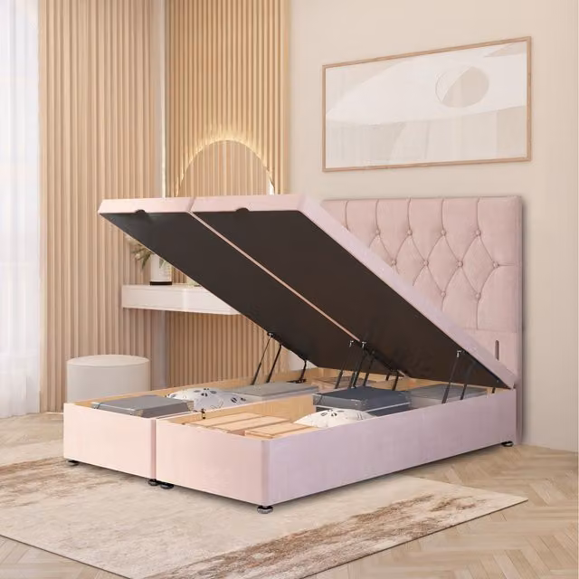 Somnior Beds Ltd Chesterfield Velvet Ottoman Divan Bed with Gas Lift and 54 inch Floor Standing Headboard in Pink, Single