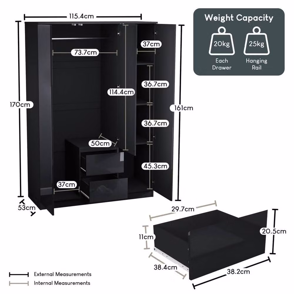 Kelvenix Black Modern Gloss 3 Door 2 Drawer Wardrobe with Push to Open Mechanism, H 170 cm x W 115.4 cm x D 60 cm – 2