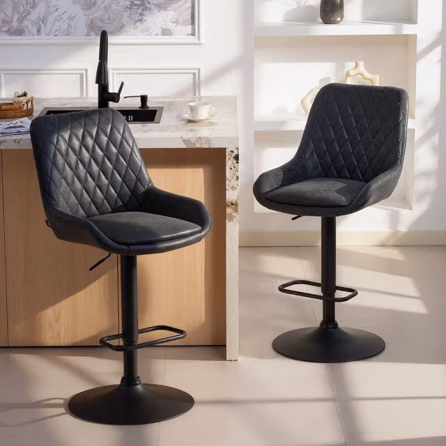 HOMCOM Set of 2 Adjustable Swivel Bar Stools in Black Synthetic Leather and Metal