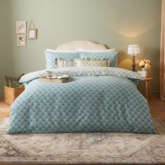 Make It A Home Krissa Reversible Block Printed Polycotton Duvet Cover Set in Blue and Turquoise, W: 140 cm, L: 200 cm