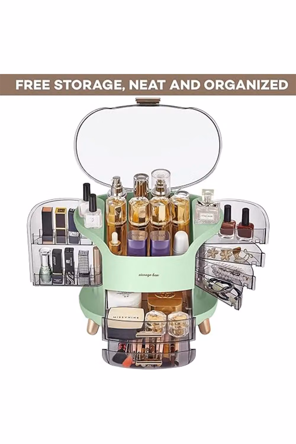 SHEONLY Large Capacity Cosmetic Storage Box with 2 Layers and Transparent Lid, Green – 2