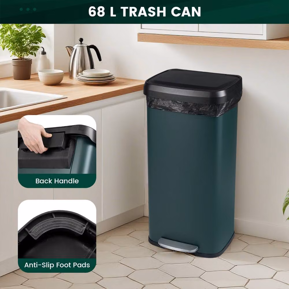 Costway 68L Stainless Steel Recycling Pedal Bin with Soft Close and Odour Filter in Green – 9