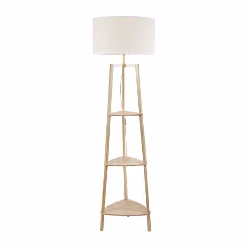 ValueLights Natural Wood 3 Tier Shelf Floor Lamp with White Drum Shade and LED Bulb