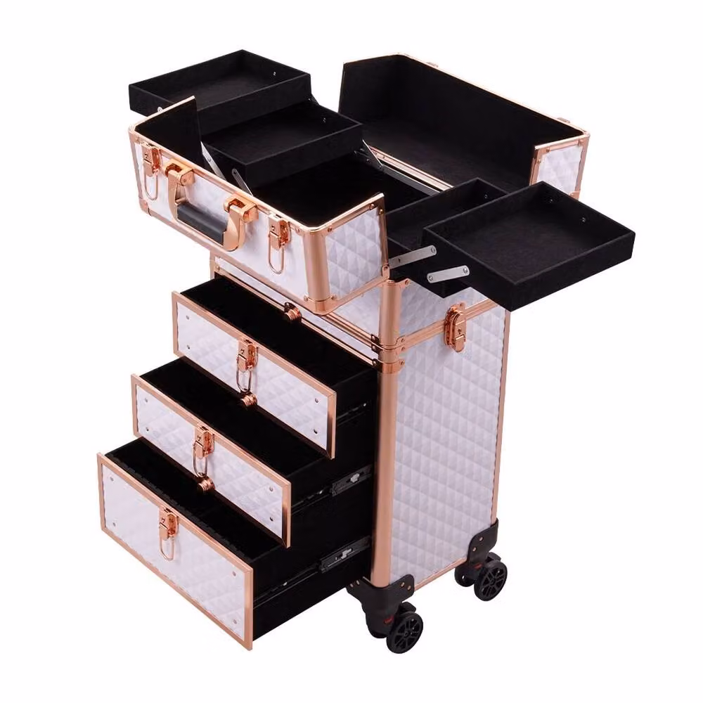 VOGREX 5 in 1 Beauty Trolley with 3 Drawers for Makeup and Nail Storage, Gold, White and Multicolour – 3