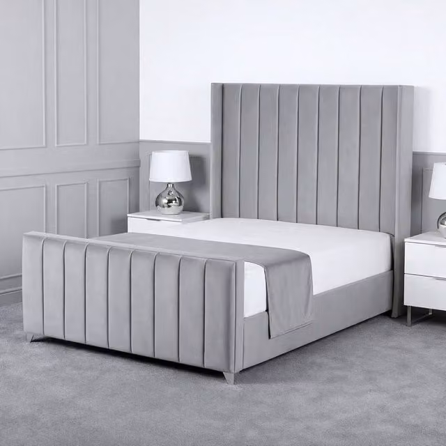 Living Comfort Bedz Imperial Winged Upholstered Velvet Bed with Slatted Base and 48 Inch Headboard, Grey, W/D/H: 180 x 200 cm