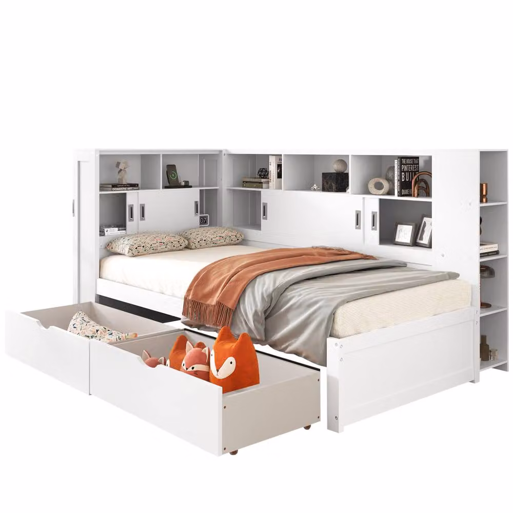 BTM White 3ft Platform Bed with Trundle, Bookcase, Drawers and USB Charging Ports, W/D/H: 90 x 190 x 122.5 cm – 6