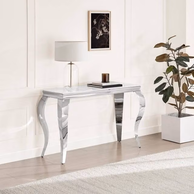 FurnitureboxUK Skye White Marble Glass and Metal Console Table in White, Grey and Silver