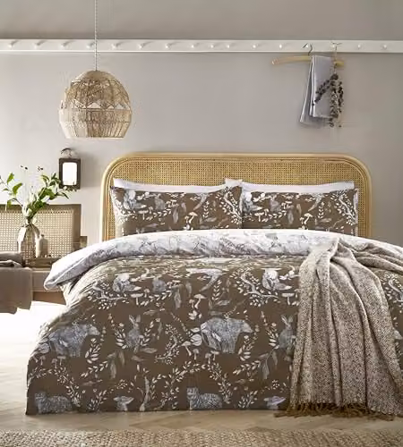 furn Buckthorn Reversible Polycotton Duvet Cover and Pillowcase Set with Woodland Animal Print in Amber, W: 140 cm, H: 200 cm