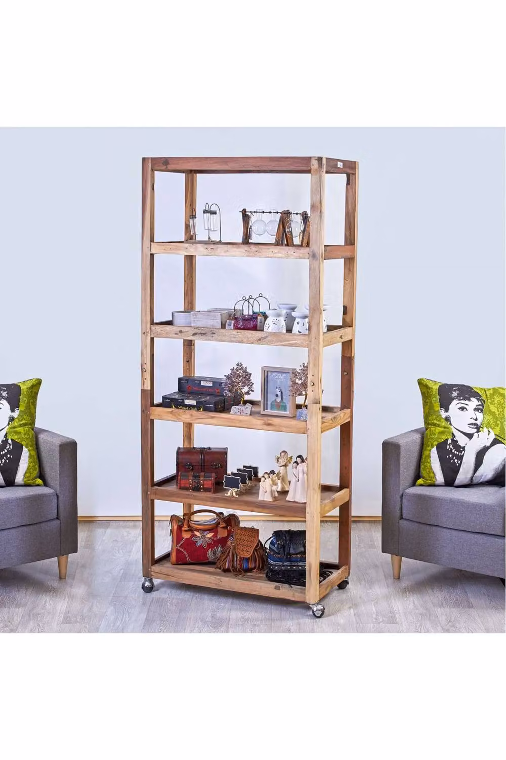 KDMD Handmade Teak 6 Shelf Bali Display Unit with Casters, Brown, H 180 x W 79 x D 37 cm – 2