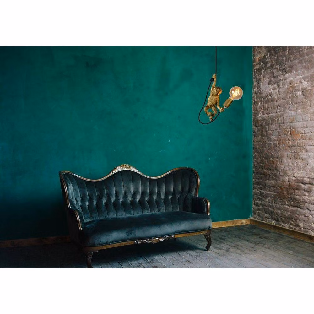 Lucide Extravaganza Chimp Retro Pendant Light, Black and Gold/Brass, Height: 176 cm – 2