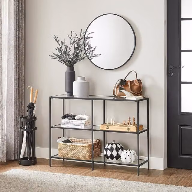 VASAGLE Modern Rectangular Console Coffee Table with 3 Transparent Glass Shelves and Black Steel Frame