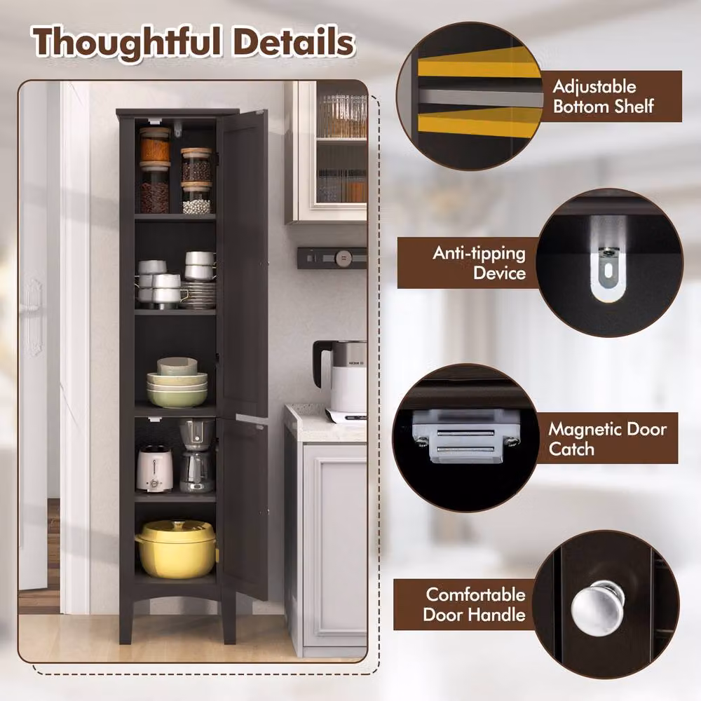 Costway 5-Tier Narrow Wooden Bathroom Storage Cabinet with 2 Shelves and Hinged Doors in Brown – 4