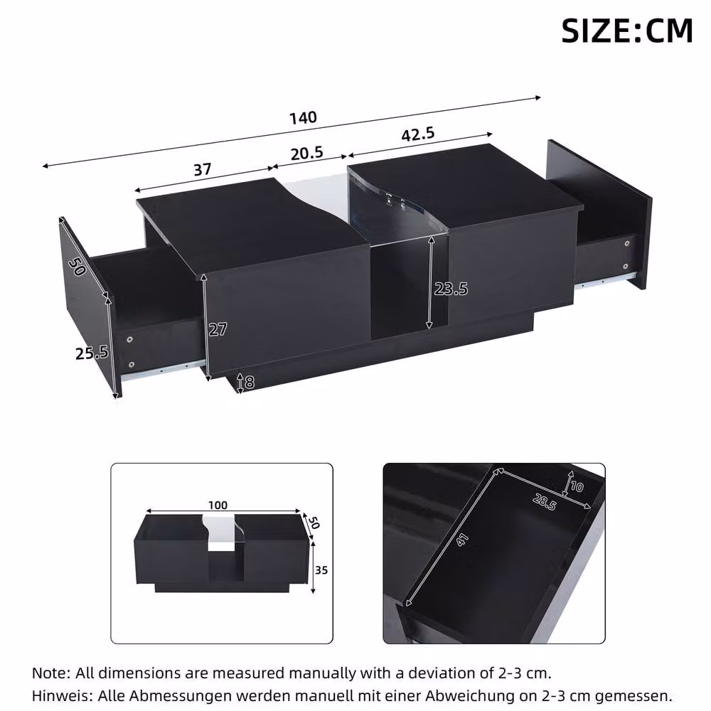BTM High Gloss LED Coffee Table with Drawers in Black, W/D/H: 120 x 50 x 40 cm – 5
