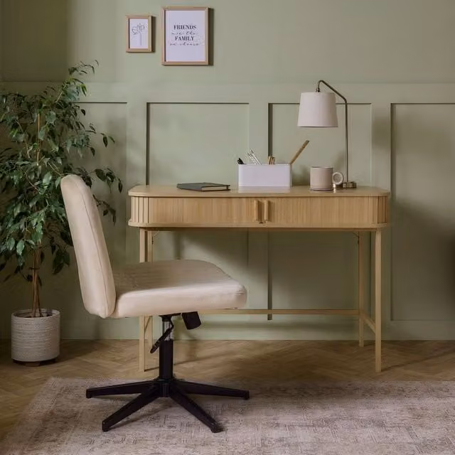 VonHaus Landos Tambour Design Home Office Computer Desk in Natural Beige