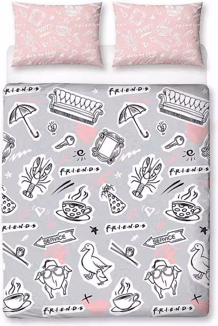 Friends Reversible Graphic Duvet Cover Set in Pink, Grey and White, W/D/H: 140 x 200 cm