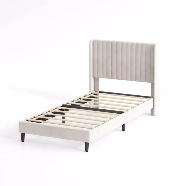 MCC Direct Charlie Velvet Upholstered Single Bed Frame with Channel Headboard in Beige, W/D/H: 90 x 190 cm