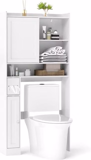 Gymax White Over-the-Toilet Bathroom Cabinet with Sliding Doors and Open Shelves – 1