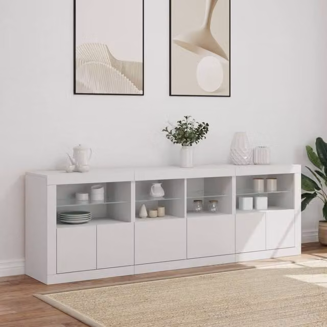 Berkfield Home White Glossy Sideboard with Integrated LED Lights, W/D/H: 202 x 37 x 67 cm