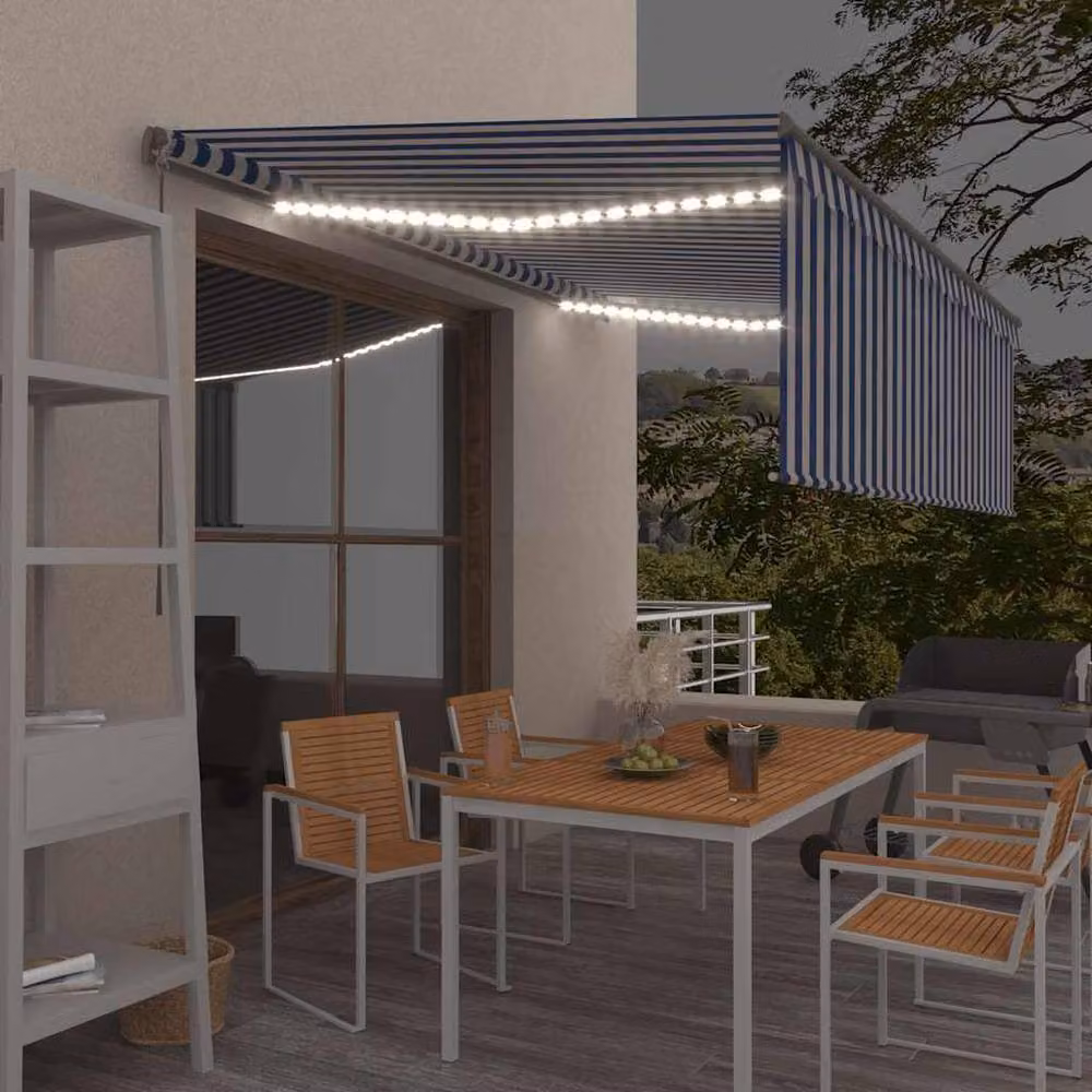 Berkfield Home Manual Retractable Awning with Blind and LED, Blue and White Striped, W: 450 cm, D: 300 cm – 2