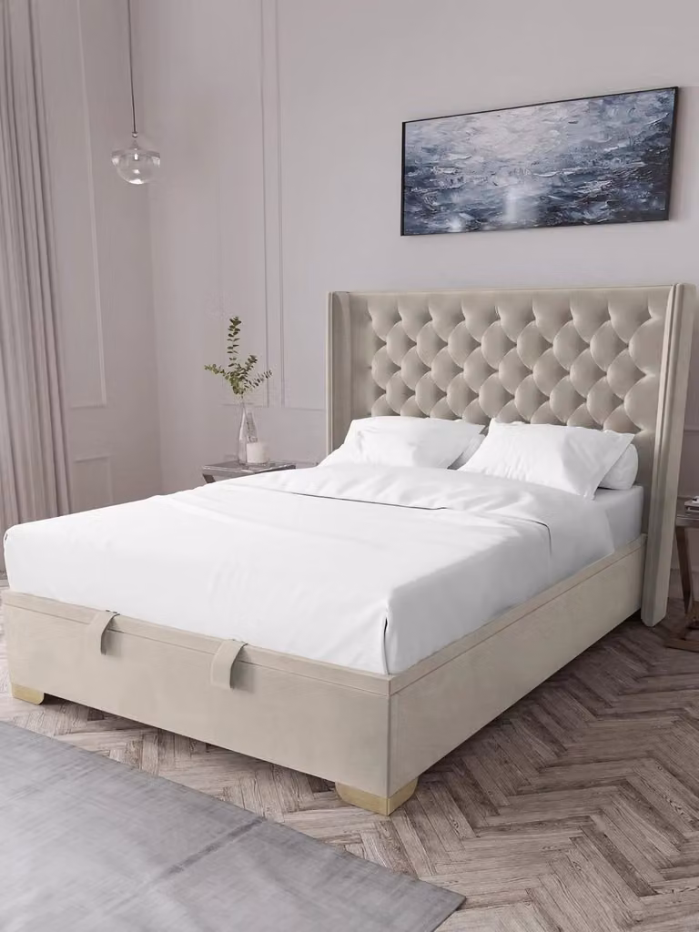 Franklin Velvet Lift Up Ottoman Bed Double Beige