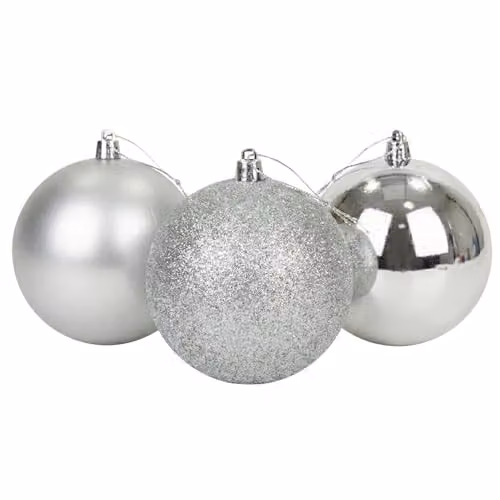 SHATCHI Set of 3 Silver Shatterproof PVC Christmas Baubles with Glossy, Matt and Glitter Finishes, Diameter: 20 cm