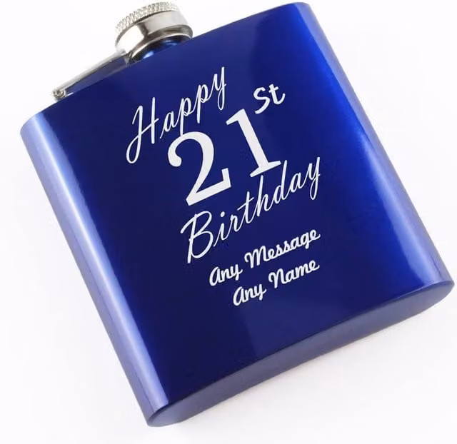 Uniqueful Personalised Engraved Blue Stainless Steel 6oz Hip Flask for 21st Birthday