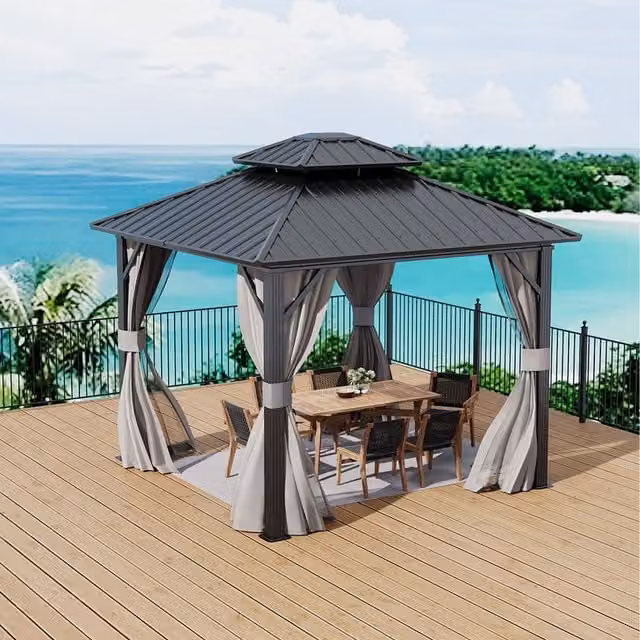 Livingandhome Metal Hardtop Patio Gazebo in Black, W: 300 cm, D: 335 cm