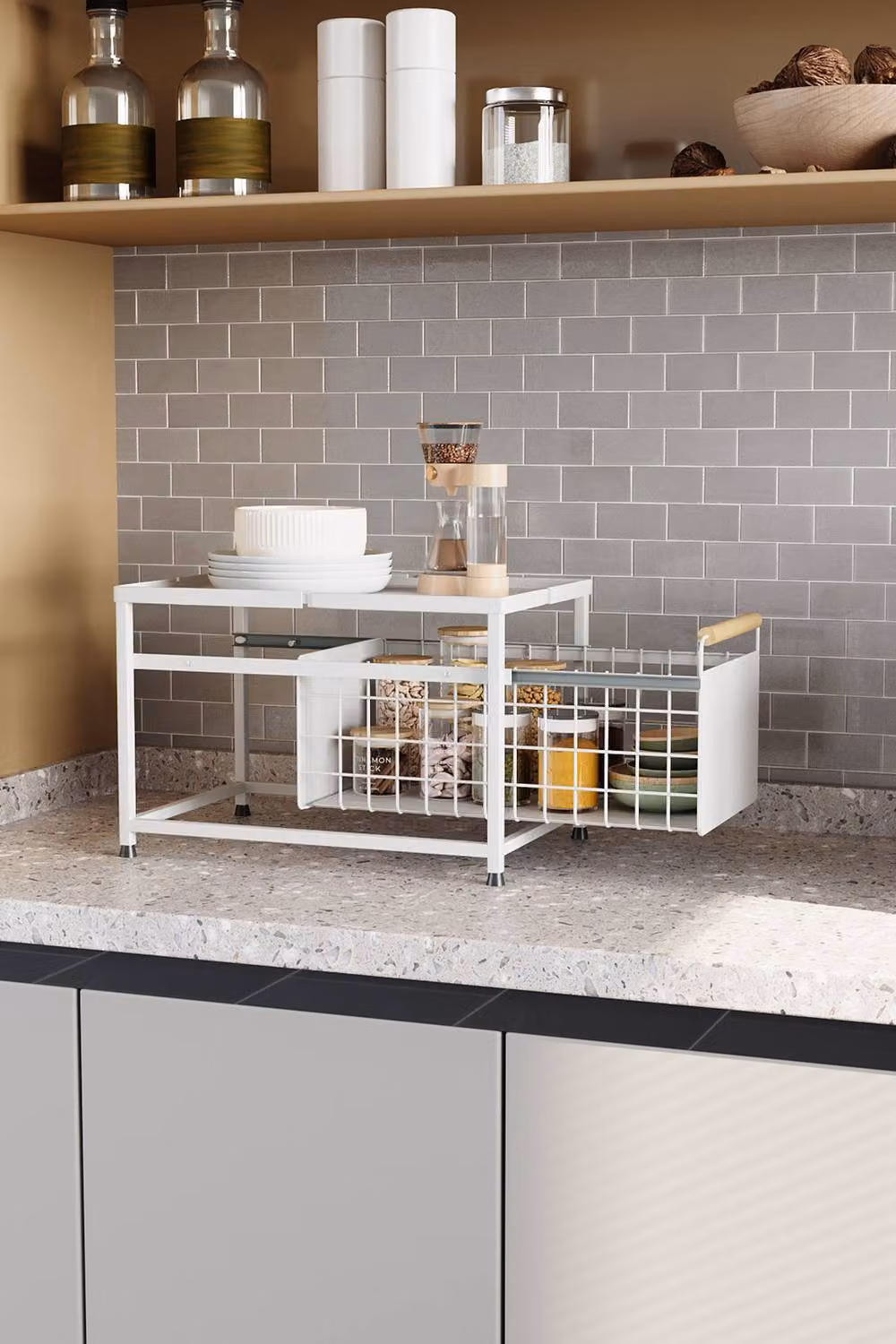 Living and Home 2-tier Metal Kitchen Pull-Out Storage Drawer Basket Organiser Spice Rack, White, W: 39.0 cm, D: 25.5 cm – 3