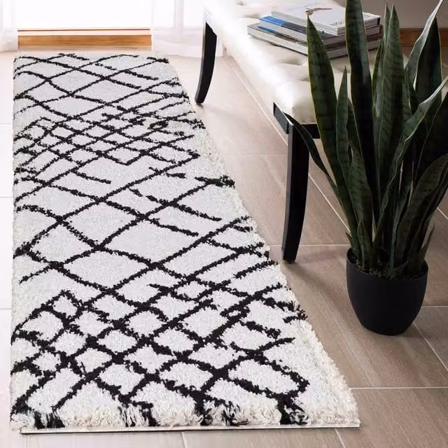 Desire Rugs Moroccan Berber Shaggy Runner with Abstract Boho Design in Stone, Yellow and White, W/D: 60 x 220 cm