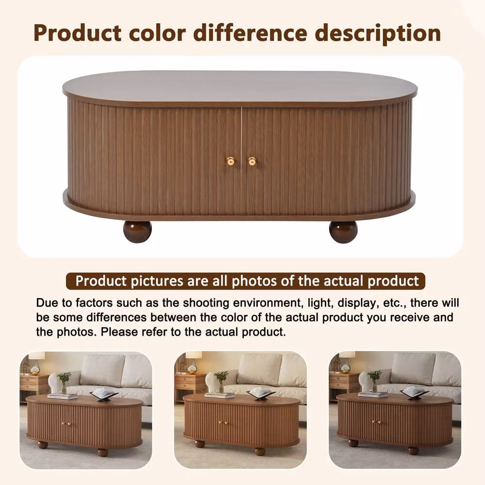 Merax Oval Fluted Coffee Table with 2 Sliding Doors and Hidden Storage in Brown, W/D/H: 100 x 50 x 40 cm – 5