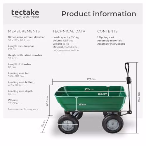 tectake Garden Cart with 125L Tilting Function and 300 kg Capacity in Green – 6
