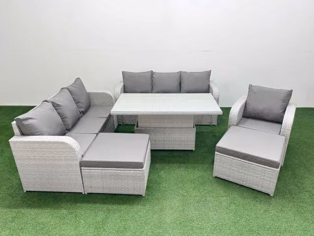 Fimous 9 Seater Poly Rattan Garden Furniture Set in Grey with Adjustable Lifting Dining or Coffee Table, 3 Seater Sofa and 3 Reclining Chairs
