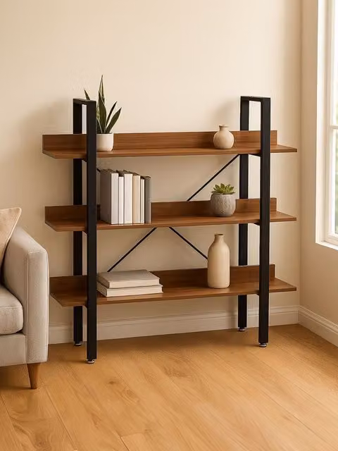 Orsina Classic 3 Tier Wall Mounted Shelf Unit in Light Yellow and Gold with Beech Grain Shelves, W/D/H: 120 x 28 x 107 cm