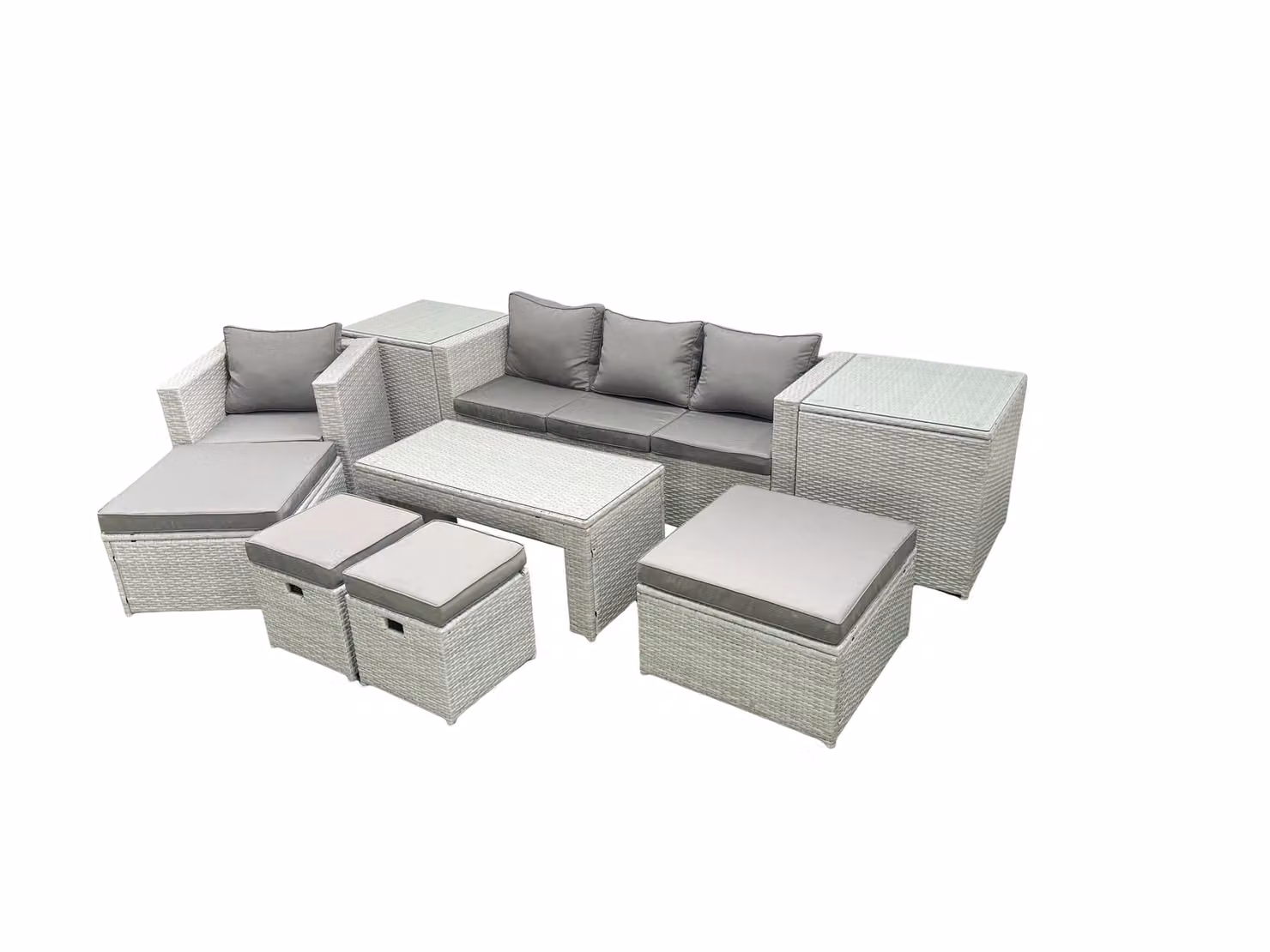 Fimous Rattan Garden Furniture Set with Sofa, Coffee Table, 4 Footstools and 2 Side Tables in Light Grey – 2