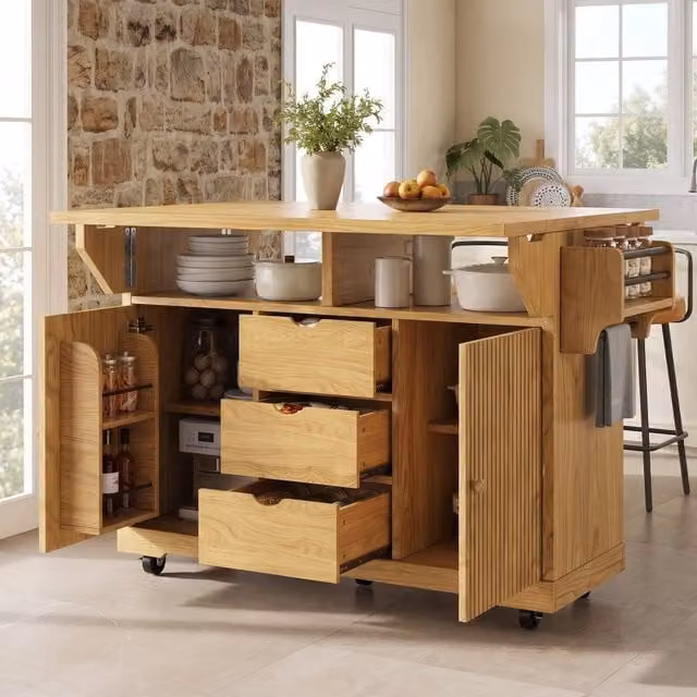STILVORA Serving Trolley with Folding Sides and Storage in Brown and Beige