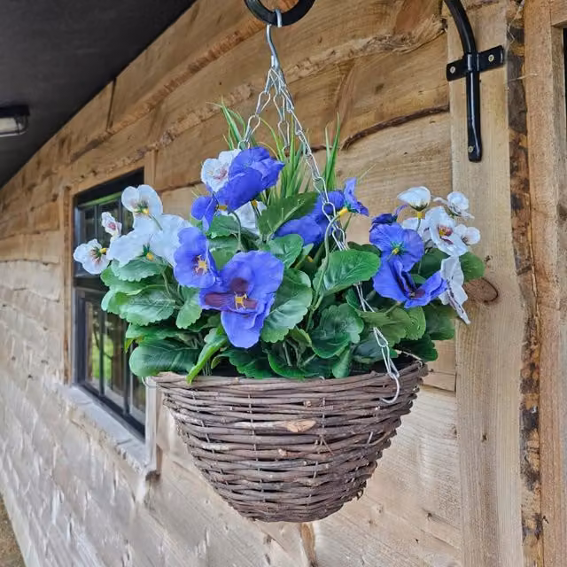 Best Artificial Ltd Mixed Purple and Multicolour Floral Hanging Basket with Rattan and Metal Details