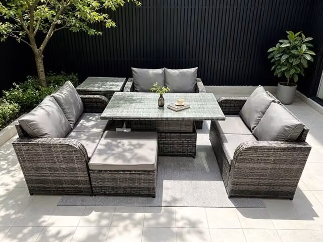 Fimous 3 Piece Rattan Garden Furniture Set in Dark Grey with Height Adjustable Dining Table, Side Table and Footstool