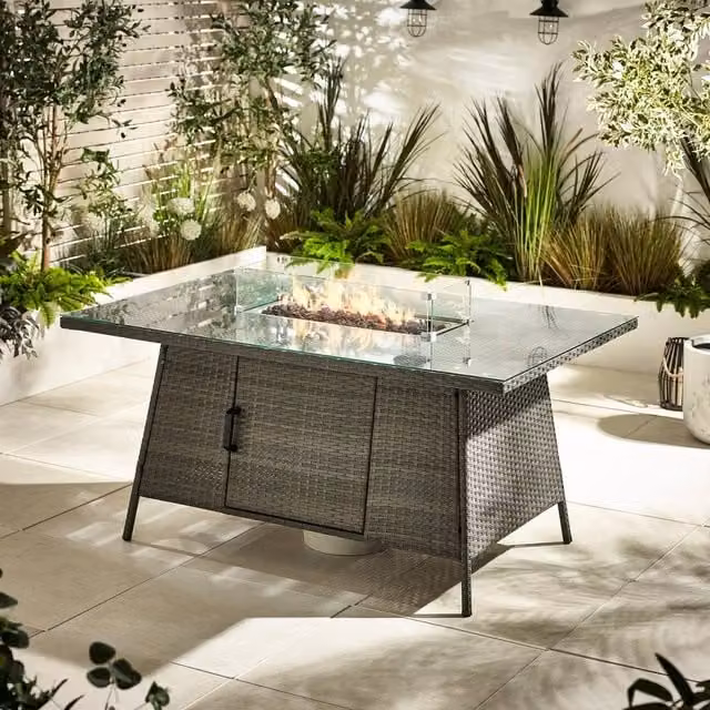 FurnitureboxUK Marbella Grey Rattan 6 Seat Garden Dining Table with Integrated Firepit – 1