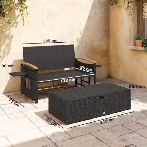 Outsunny Double Garden Rattan Daybed with Storage Ottoman and Side Tray, Brown and Blue – 6