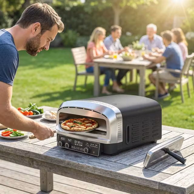Outsunny Outdoor Pizza Oven with Dual Heating Control in Black and Stainless Steel