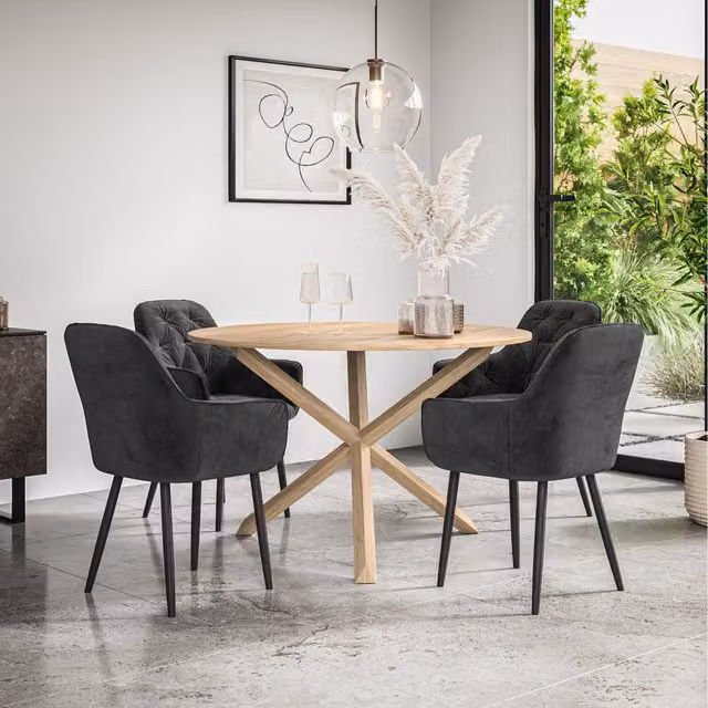 More4Homes Malvern Round Oak Effect Dining Table Set with 4 Black Anika Velvet Chairs, Diameter: 120 cm