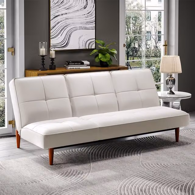 Livingandhome 3-Seater Mid-Century Click-Clack Faux Velvet Sofa Bed in Beige and White