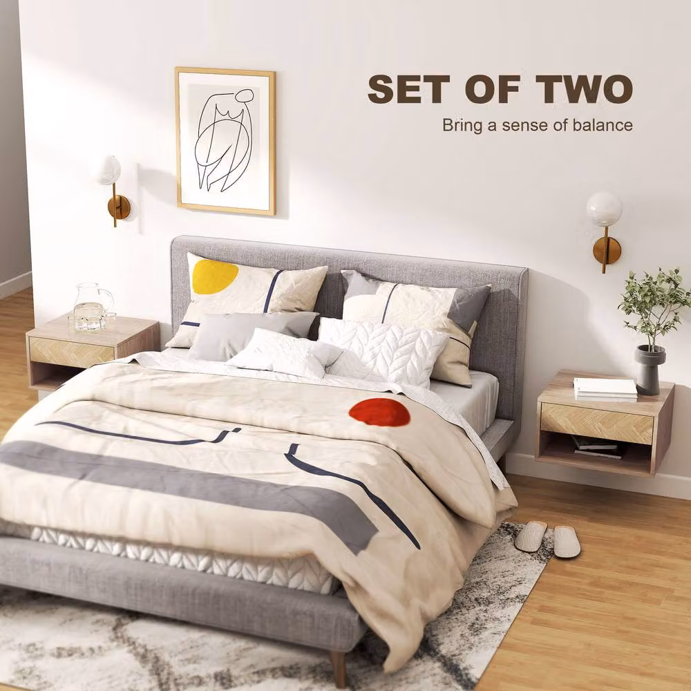 HOMCOM Set of 2 Wall Mounted Floating Nightstands with Drawer and Open Shelf in Sand Brown – 3